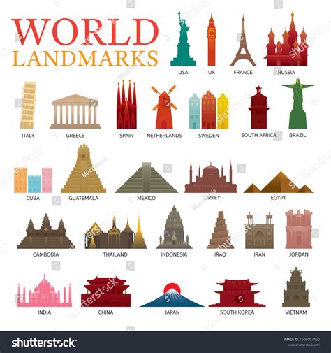 World Countries Landmarks Colorful Silhouette Set Stock Vector (Royalty ...