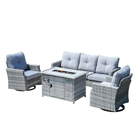 DIRECT WICKER Fay 4-Piece Wicker Patio Fire Pit Set with Gray Cushions ...