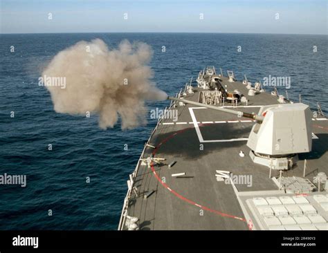 US Navy the crew of USS Preble (DDG 88) fires live ammunition from a 5 ...