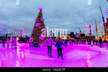 Ice Skating At Battersea Power Station at Night London UK Stock Photo - Alamy