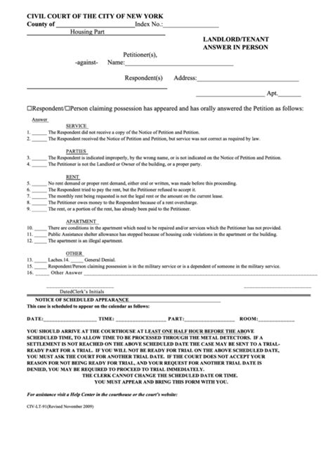 Form Civ-Lt-91 - Civil Court Of The City Of New York printable pdf download