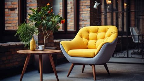 Premium AI Image | Cute yellow lounge chair near round wooden coffee ...