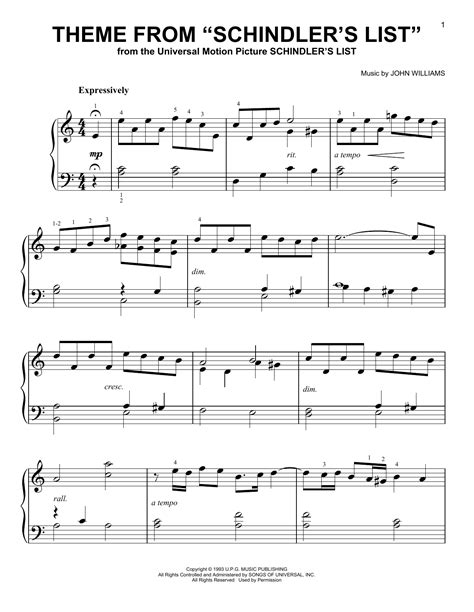 Theme From "Schindler's List" by John Williams Sheet Music for Very Easy Piano at Sheet Music Direct