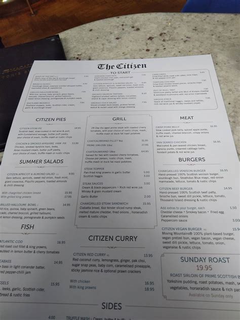 Menu at The Citizen Glasgow pub & bar, Glasgow