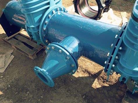 Water Piping with New Gate Valves and Reduction Member Stock Photo ...