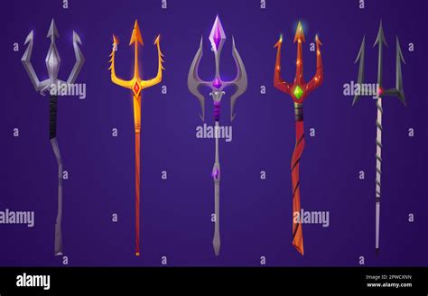 Magic trident weapon cartoon isolated vector icon set. Fantasy demon or ...