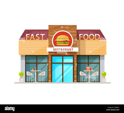 Fast food cafe building, vector restaurant exterior cartoon design with wide windows, glass door ...