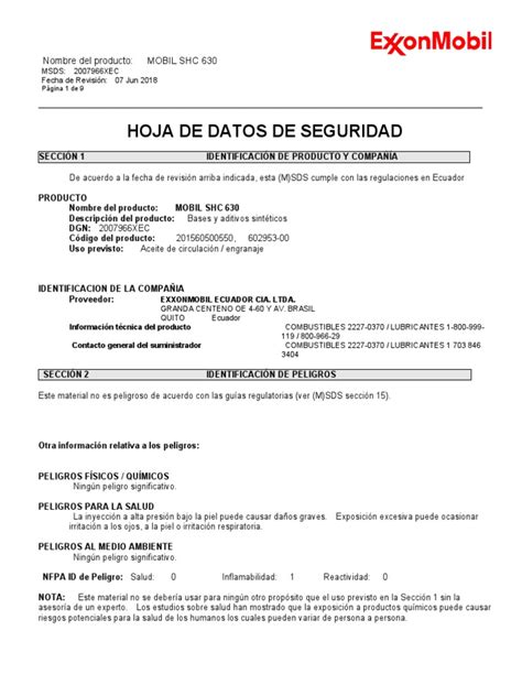 Msds - Mobil SHC 630 | PDF | Guante | Agua