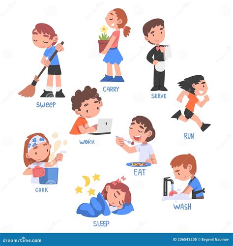 Action Verbs Set, Children Education Concept, Cute Kids Doing Activities Cartoon Style Vector ...