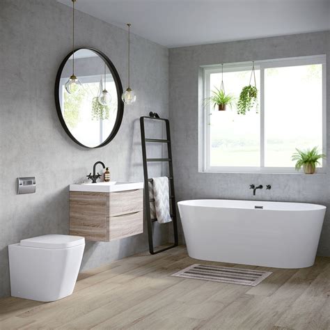 modern bathroom suite with wooden wall-hung vanity unit | Real Homes ...