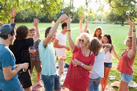 Crowd of adult friends dancing at party in park at sunset - Stock Photo - Dissolve