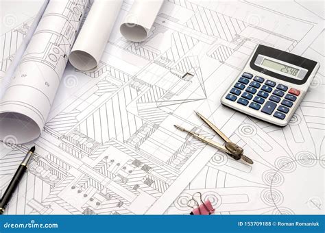 Engineering Drawing Compass Calculator Pen - Close Up Stock Photo ...