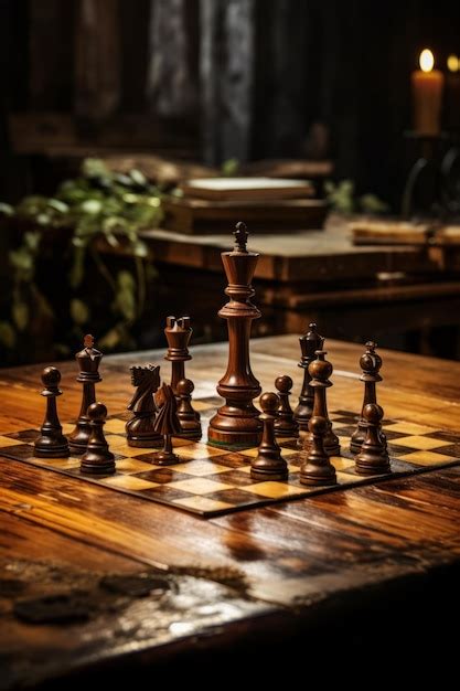 Premium AI Image | Wooden table with chess and chess board for the day