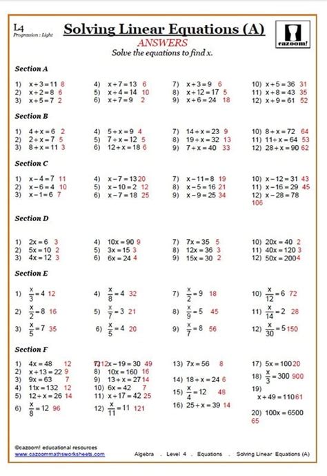 Solving Linear Equations Worksheets