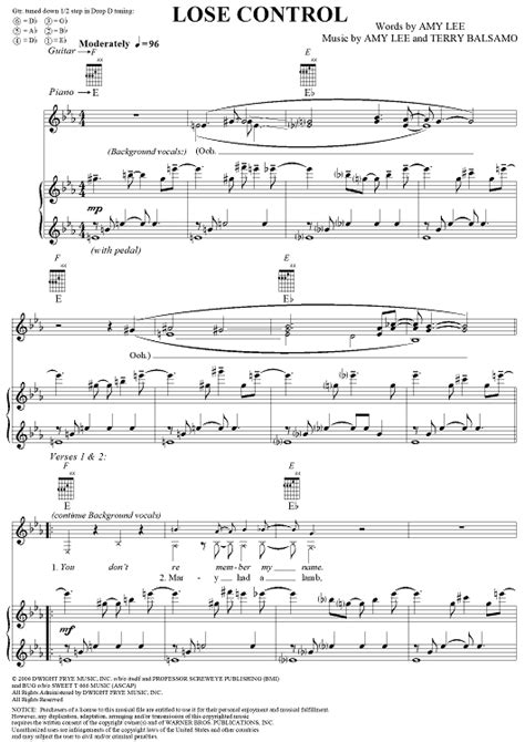 Lose Control" Sheet Music by Evanescence for Piano/Vocal/Chords - Sheet Music Now