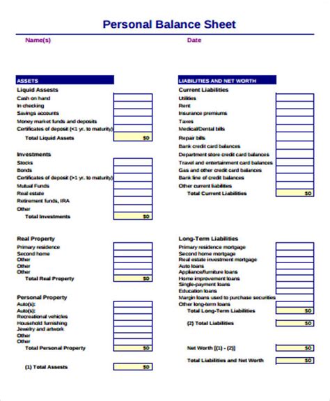 FREE 7+ Personal Balance Sheet Templates in MS Word | PDF