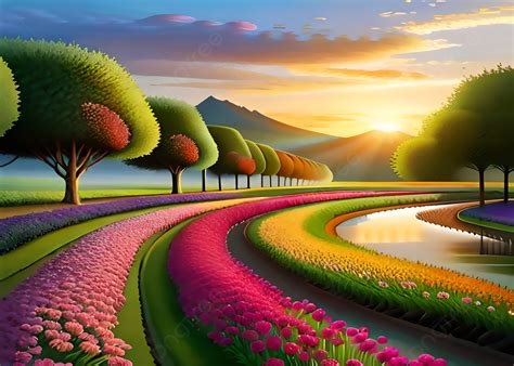 Beautiful Painting Of Heaven Garden Colorful Flowers And Tree ...