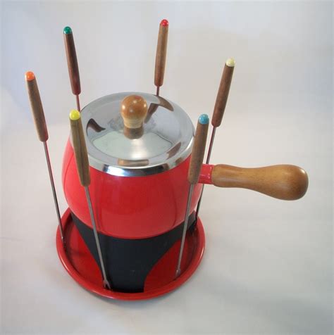 Still Stunning Vintage Resale: 1970s Vintage Red Fondue Pot With Six Color Coded Fondue Forks