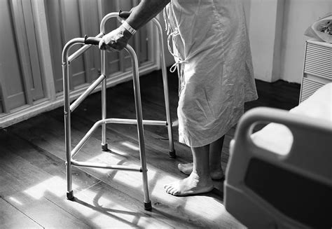 person, holding, medical, walker, beside, white, hospital bed, black and white, CC0, public ...