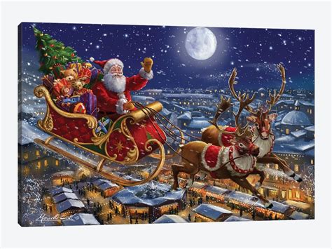 Santa Sleigh And Reindeer In Sky Art Print by Marcello Corti | iCanvas