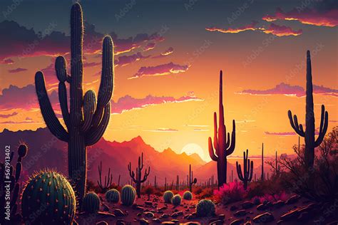 Cactus Sunset Desert Background, Stunning Landscape, Sunset, Sunrise, Pink and Orange Skies ...