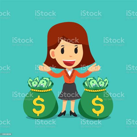 Vector Cartoon Happy Businesswoman With Money Bags Stock Illustration - Download Image Now ...