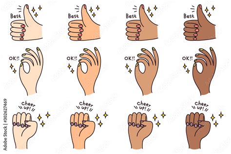 3 Hand Drawn Hand Gesture with Skin Tones Vector Illustration Stock ...