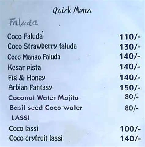 Menu of Coco House, Jayanagar, Bangalore