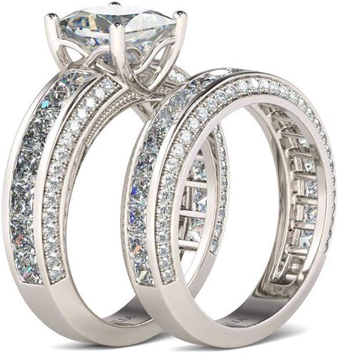 Jeulia Women's Sterling Silver Rings Set Princess Cut 4-Prong Diamond Rings Set Jewellery for ...