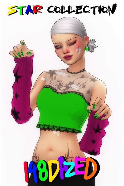 an animated image of a woman with tattoos on her chest and arms, holding onto some clothing