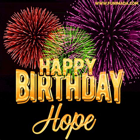 Colorful animated fireworks surround the words 'Happy Birthday, Hope' in gold. | Funimada.com