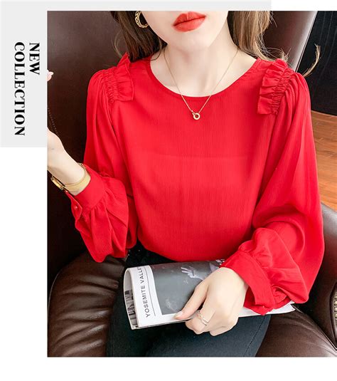 YIGE 2021 Korean autumn fashion round neck chiffon red blouse women ...