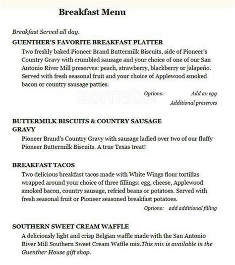 Menu at The Guenther House restaurant, San Antonio