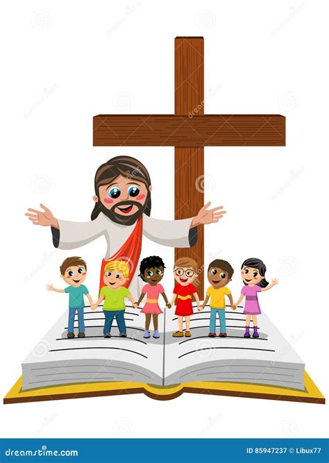 Carton Open Arms Jesus Kids Children Hand in Hand Open Bible Gospel Stock Vector - Illustration ...