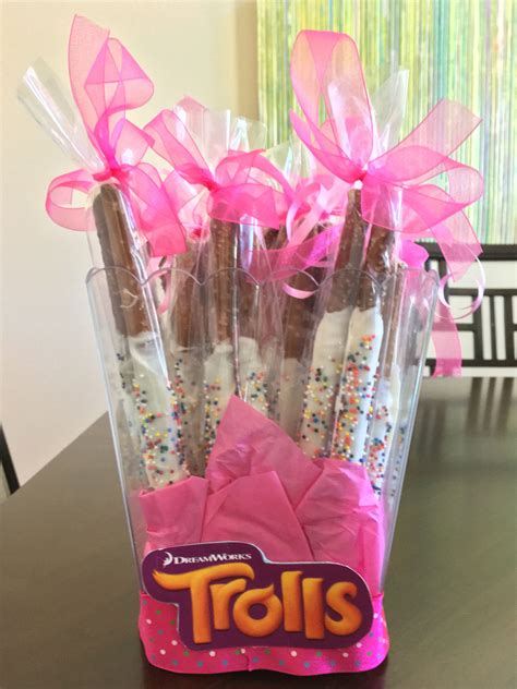 Chocolate Dipped Pretzel Rods for Trolls Theme Birthday Party