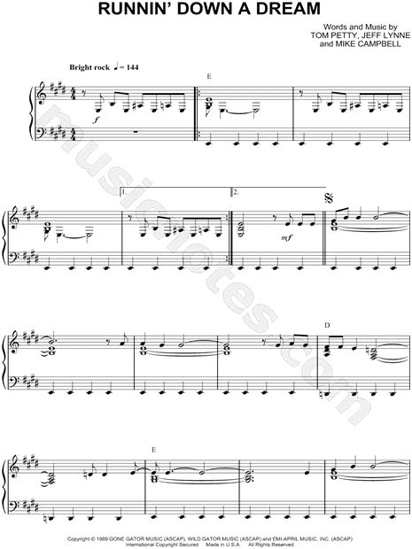 Tom Petty "Runnin' Down a Dream" Sheet Music (Piano Solo) in E Major - Download & Print - SKU ...