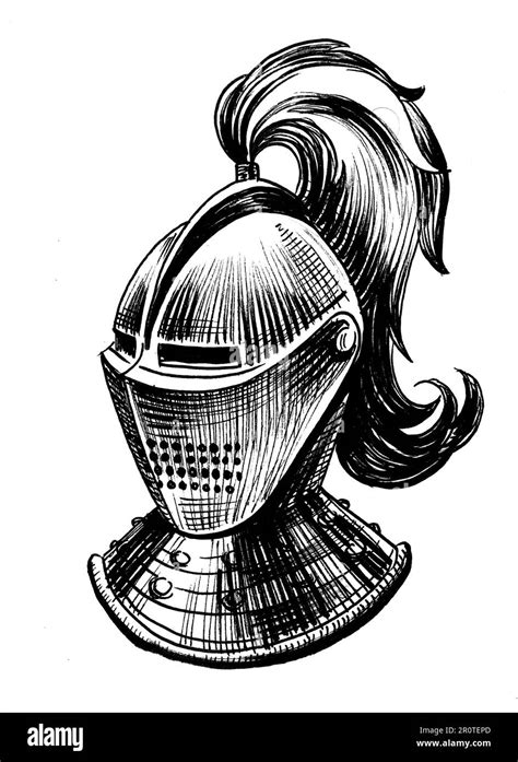 Medieval knight helmet. Hand-drawn ink on paper Stock Photo - Alamy