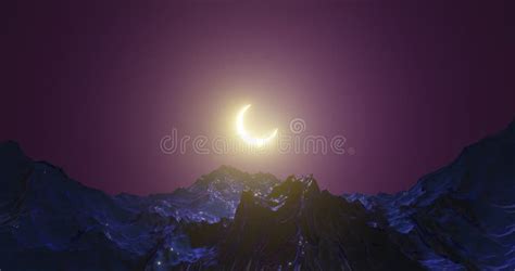 Glowing Crescent Moon in a Purple Sky Above Rough Ocean Waves Stock ...