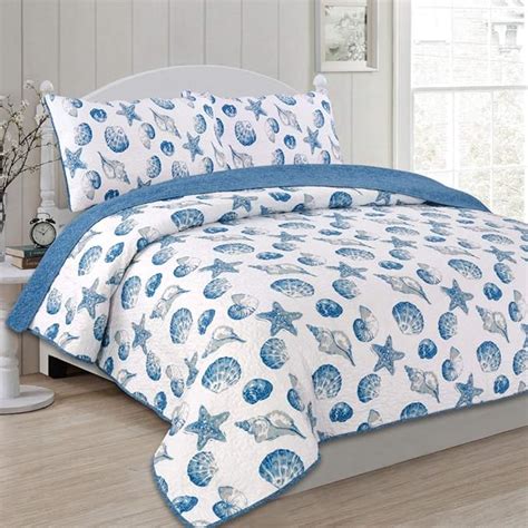 Amazon.com: 3 Piece Blue Sea Gems Themed Quilt King Set, Beautiful Nature Coastal Pattern ...