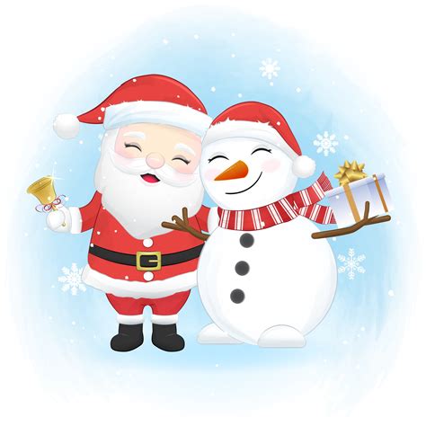 Cute santa claus and snowman in winter, Merry Christmas illustration ...