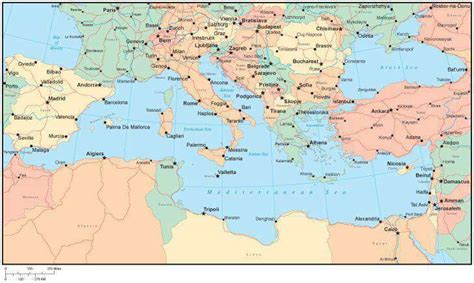 Multi Color Mediterranean Map with Countries, Major Cities