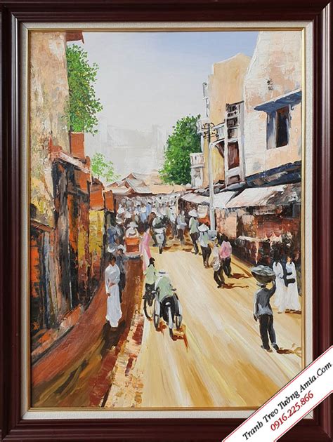 Tranh phong cảnh chợ phố cổ tấp nập vẽ sơn dầu cực đẹp AmiA TSD 486