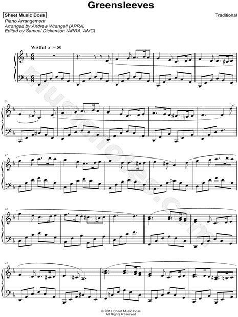 Sheet Music Boss "Greensleeves" Sheet Music (Piano Solo) in D Minor - Download & Print - SKU ...