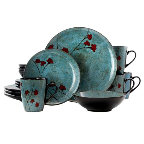 Elama Floral Accents 16 Piece Stoneware Dinnerware Set in Blue ...