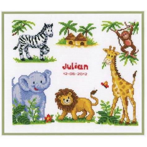 Vervaco Zoo Animals Birth Record Birth Sampler Cross Stitch Kit | Baby cross stitch patterns ...