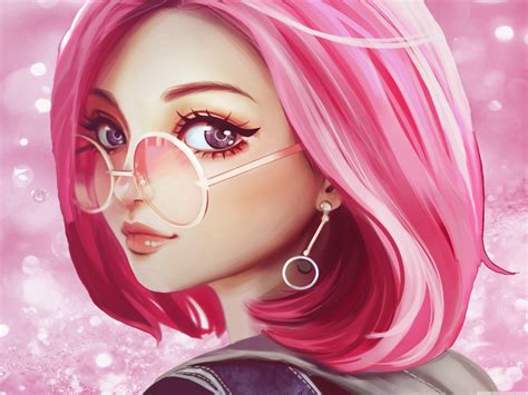 Cute Girl Pink Hair Sunglasses Digital Art Drawing Ultra HD Desktop Background Wallpaper for 4K ...