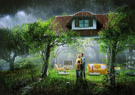 HD wallpaper: couple near tree wallpaper, house, rain, family, living room | Wallpaper Flare
