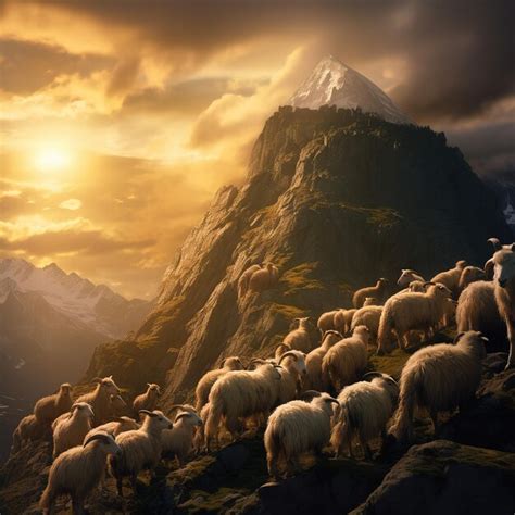 Premium AI Image | flock of sheep grazing on a mountain side at sunset