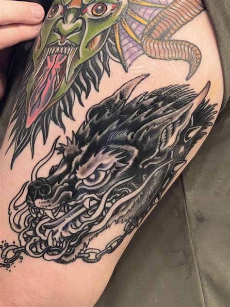 Hell Hound - First session of my second tattoo! : r/traditionaltattoos