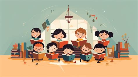 Premium AI Image | a cartoon illustration of children reading books in a library.